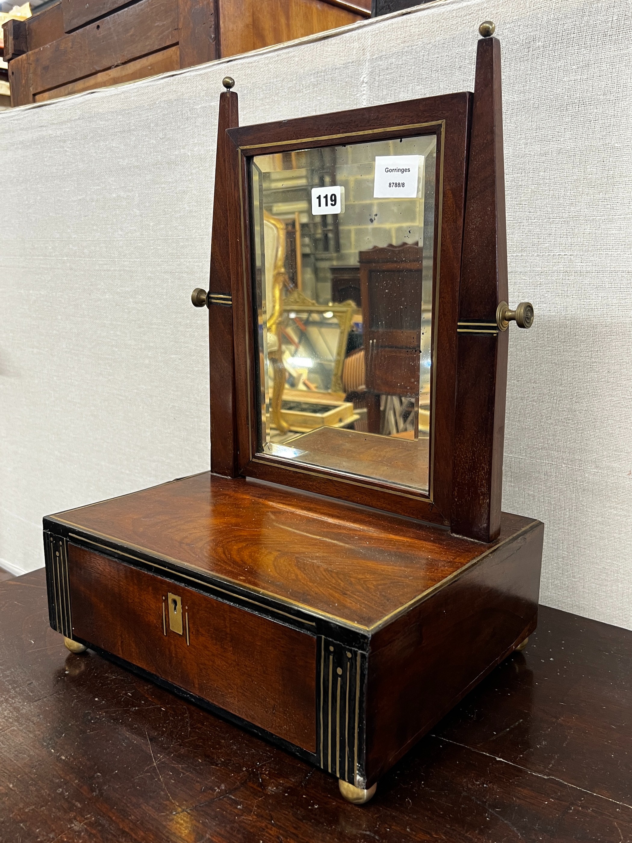 A 19th century German secessionist brass inlaid mahogany toilet mirror, width 34cm, depth 28cm, height 52cm